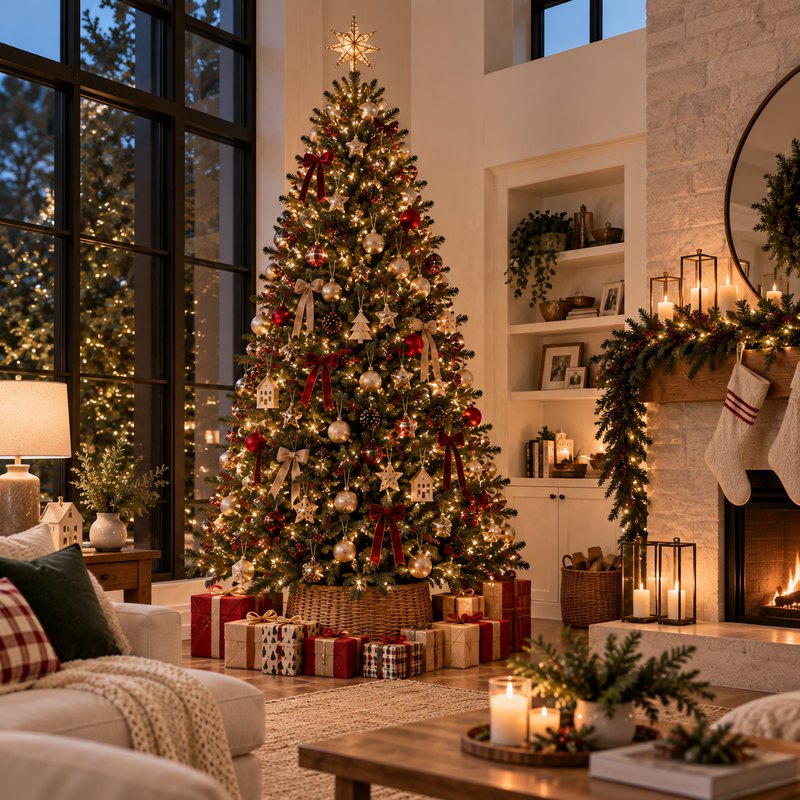 Large real Christmas tree in a double-height living room
