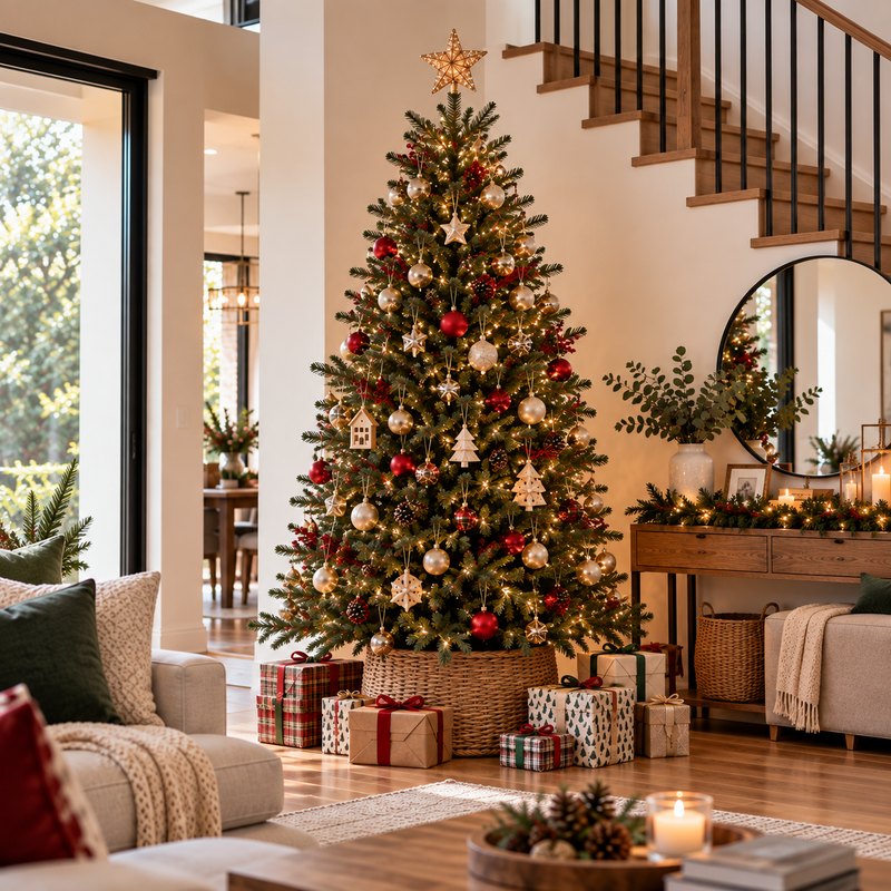 Medium real Christmas tree beside a staircase